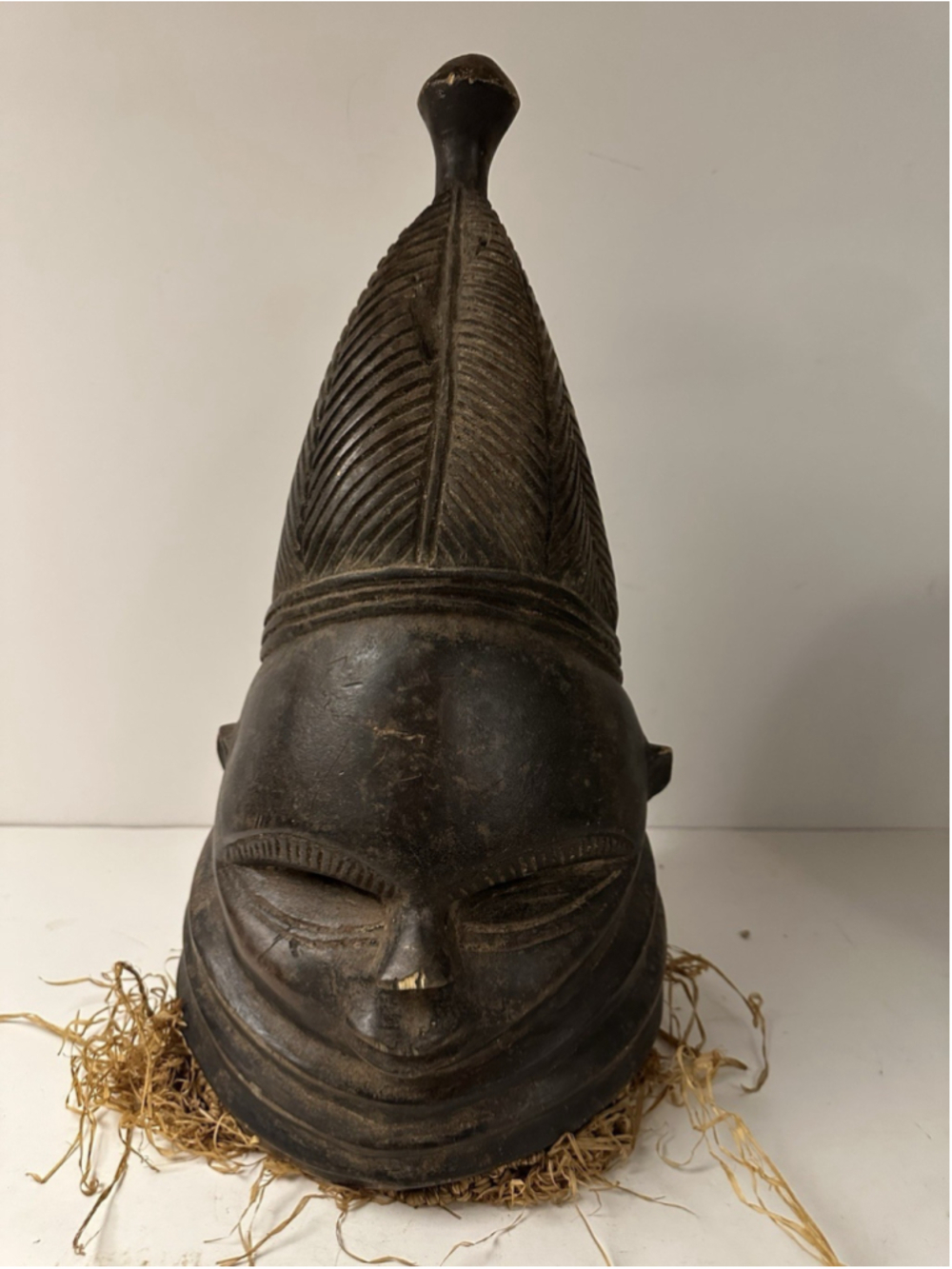 Vintage Hand Carved African Wooden Tribal Mask Helmet Crest Raffia 18 Inches